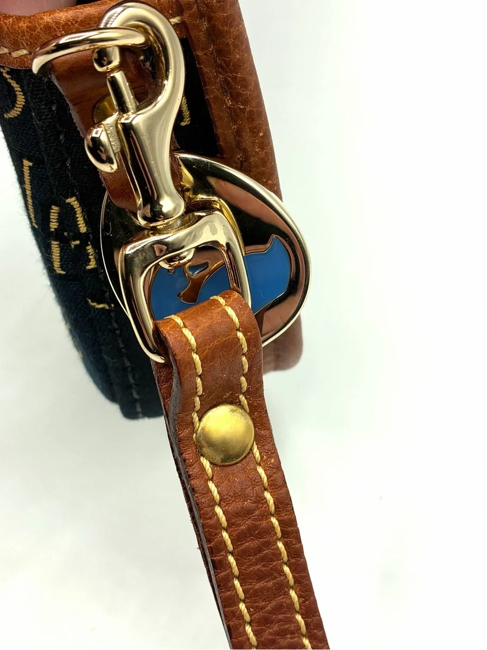 Vintage Dooney & Bourke Navy Tan DB Monogram Wristlet Pouch Blue Duck USA